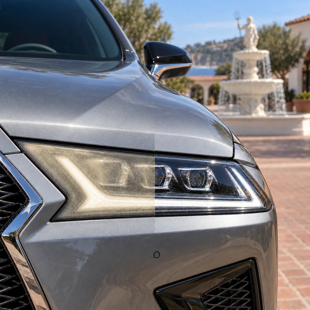 One Lexus RX 350 headlight shown before and after restoration with Malaga Cove Plaza in Palos Verdes Estates behind it