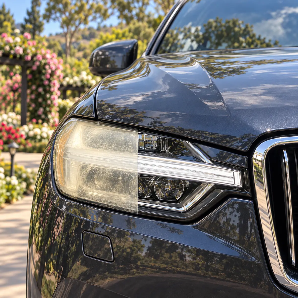 One Volvo XC60 headlight shown before and after restoration with the South Coast Botanic Garden in Rolling Hills Estates behind it