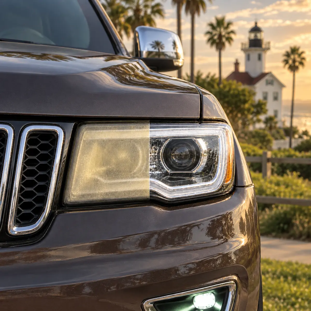 One Jeep Grand Cherokee headlight shown before and after restoration with Point Fermin Lighthouse in San Pedro behind it