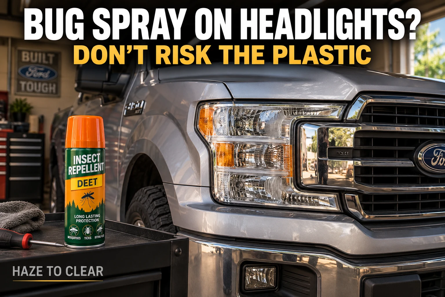 Bug spray on headlights? Don't risk the plastic. Illustration of insect repellent beside a modern Ford truck.