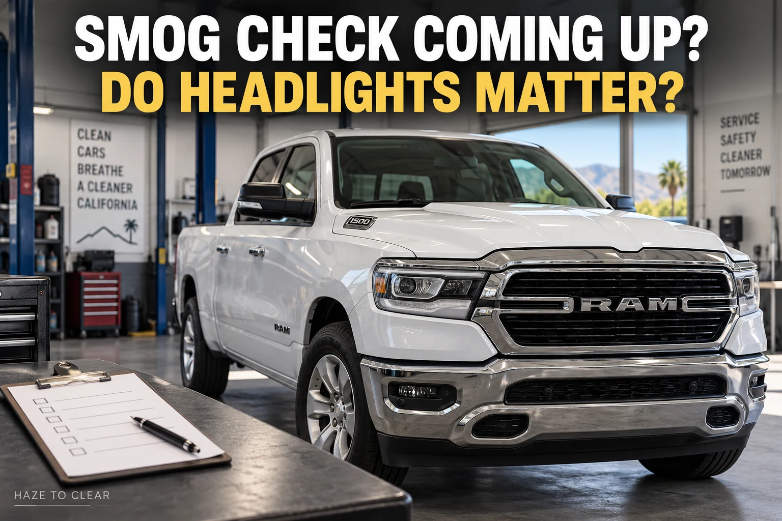 Smog check coming up? Do headlights matter? Illustration of a modern Ram pickup and a blank workshop checklist.
